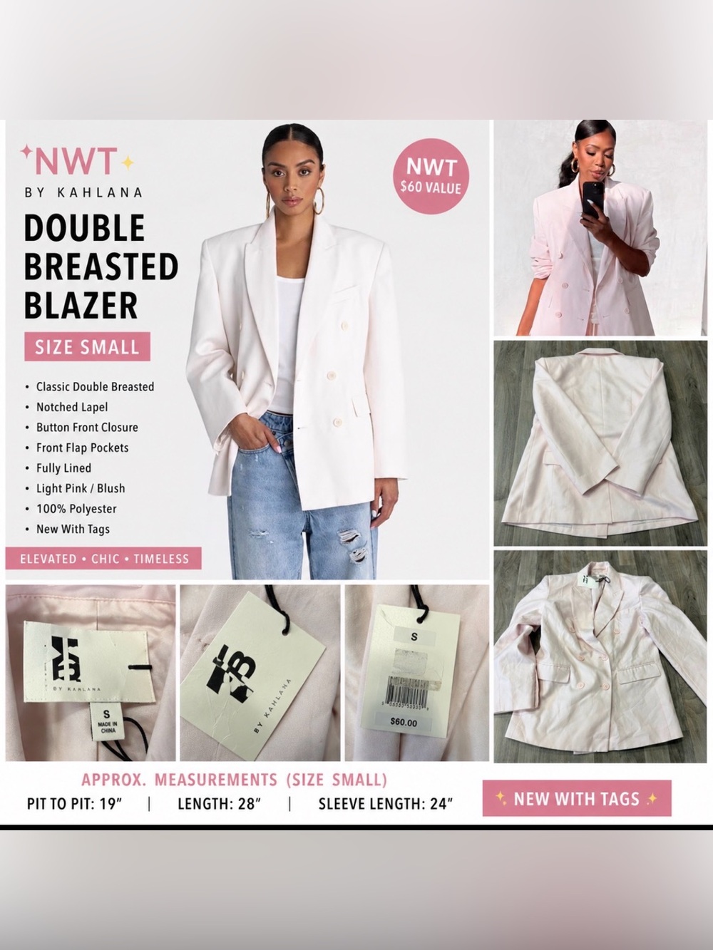 NWT KBB By Kahlana Double Breasted Blazer Size Small Blush Pink Oversized